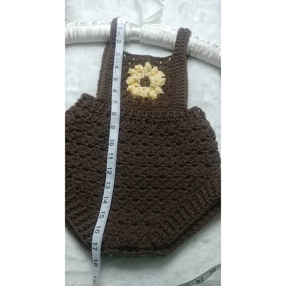 Handmade Crocheted Sunflower 12 month Baby Romper Brown and Yellow - Picture 3 of 7